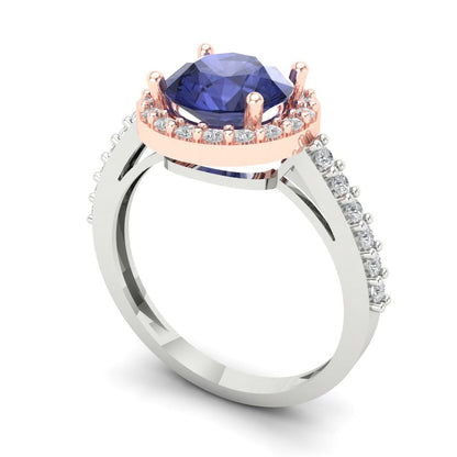 1.86 cttw Simulated Tanzanite Solitaire with Zirconia Simulated Diamond Accents Engagement Ring - Solid White/Rose Gold (VVS1, Round Cut,7.5mm)