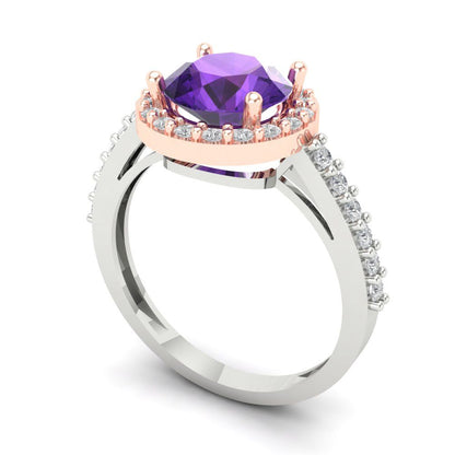 1.86 cttw Natural Amethyst Solitaire with Zirconia Simulated Diamond Accents Engagement Ring - Solid White/Rose Gold (VVS1, Round Cut,7.5mm)
