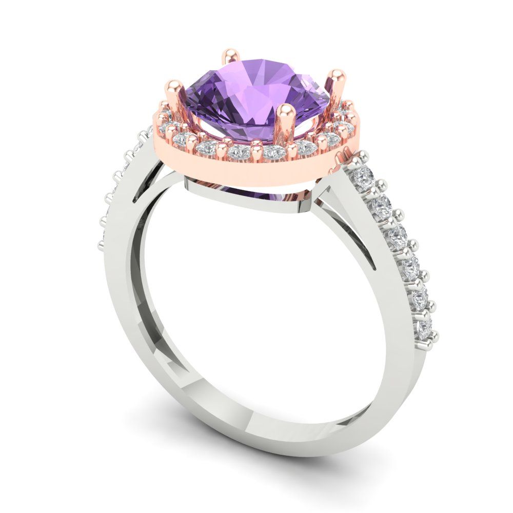 1.86 cttw Simulated Alexandrite Solitaire with Zirconia Simulated Diamond Accents Engagement Ring - Solid White/Rose Gold (VVS1, Round Cut,7.5mm)