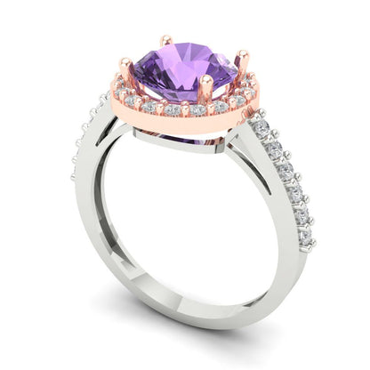 1.86 cttw Simulated Alexandrite Solitaire with Zirconia Simulated Diamond Accents Engagement Ring - Solid White/Rose Gold (VVS1, Round Cut,7.5mm)