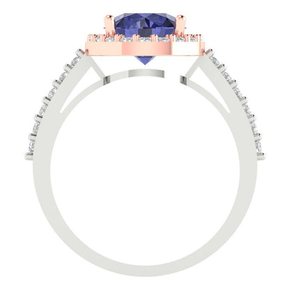 1.86 cttw Simulated Tanzanite Solitaire with Zirconia Simulated Diamond Accents Engagement Ring - Solid White/Rose Gold (VVS1, Round Cut,7.5mm)