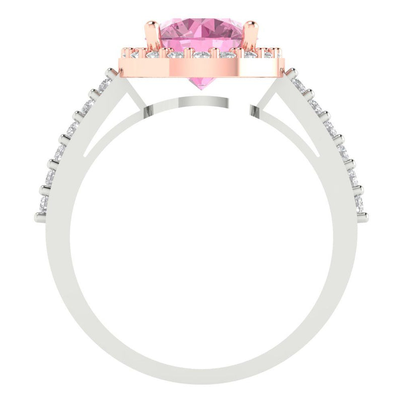 2 ct Brilliant Round Cut Pink Simulated Diamond Stone White/Rose Gold Halo Solitaire with Accents Ring