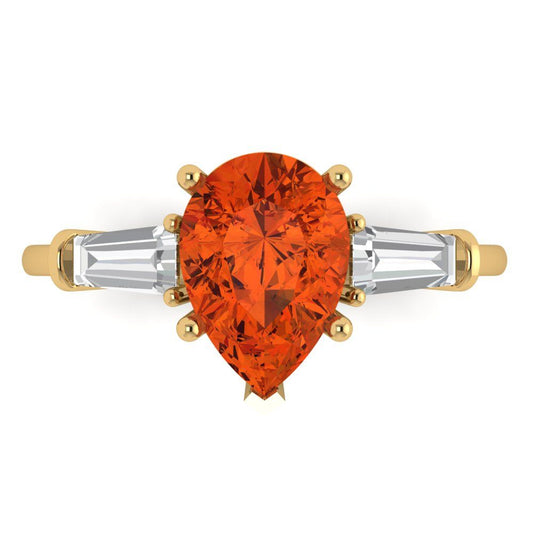 2.5 cttw Zirconia Simulated Red Diamond Three-Stone Engagement Ring - Solid Yellow Gold (VVS1, Pear Cut,10x7mm)