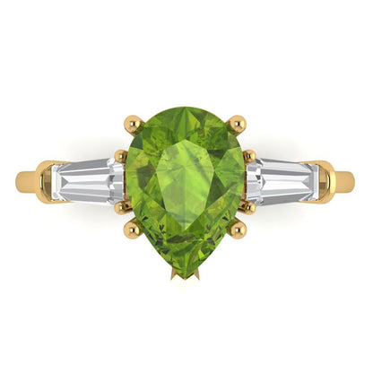 2.5 cttw Natural Peridot Three-Stone Engagement Ring - Solid Gold (Pear Cut,10x7mm)