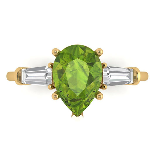 2.5 cttw Natural Peridot Three-Stone Engagement Ring - Solid Yellow Gold (VVS1, Pear Cut,10x7mm)