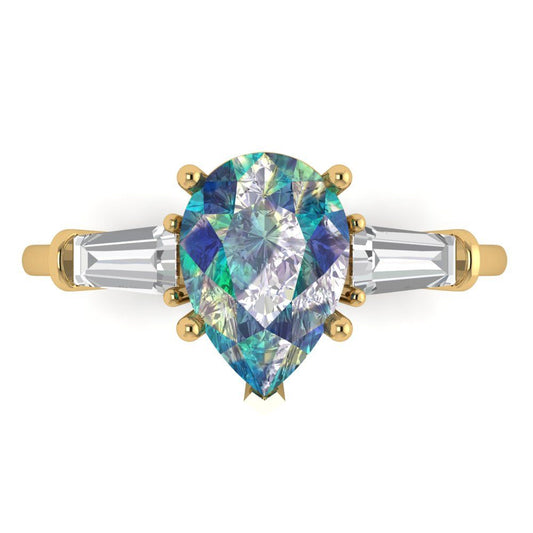 2.5 cttw Blue Moissanite Three-Stone Engagement Ring - Solid Yellow Gold (VVS1, Pear Cut,10x7mm)