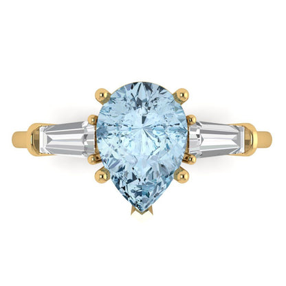 2.5 cttw Natural Swiss Blue Topaz Three-Stone Engagement Ring - Solid Gold (Pear Cut,10x7mm)