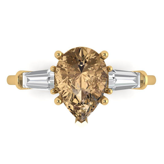 2.5 cttw Zirconia Simulated Champagne Diamond Three-Stone Engagement Ring - Solid Yellow Gold (VVS1, Pear Cut,10x7mm)