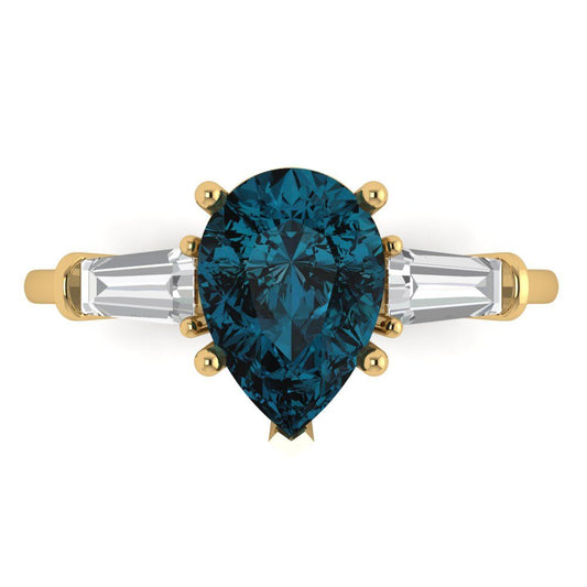2.5 cttw Natural London Blue Topaz Three-Stone Engagement Ring - Solid Yellow Gold (VVS1, Pear Cut,10x7mm)