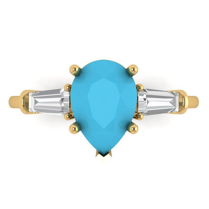 2.5 cttw Simulated Turquoise Three-Stone Engagement Ring - Solid Gold (Pear Cut,10x7mm)