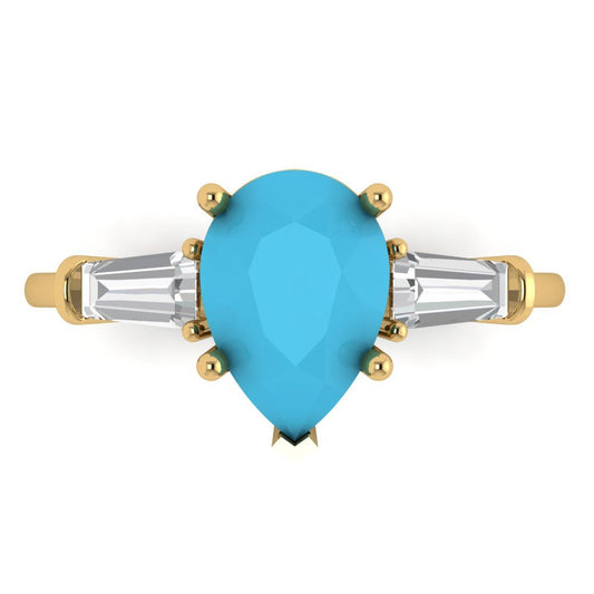 2.5 cttw Simulated Turquoise Three-Stone Engagement Ring - Solid Yellow Gold (VVS1, Pear Cut,10x7mm)