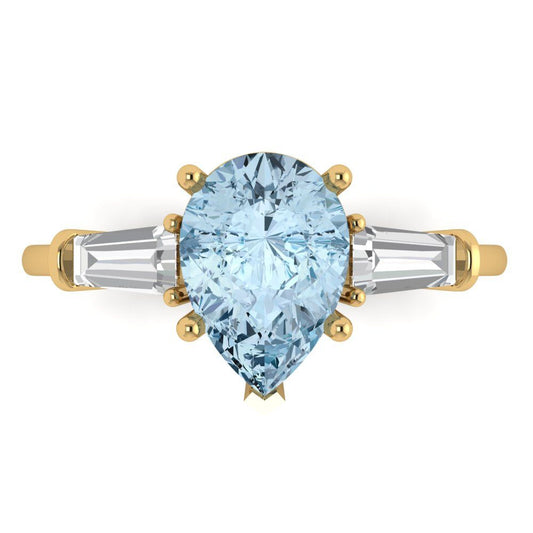 2.5 cttw Natural Aquamarine Three-Stone Engagement Ring - Solid Yellow Gold (VVS1, Pear Cut,10x7mm)