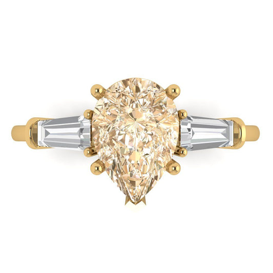 2.5 cttw Natural Morganite Three-Stone Engagement Ring - Solid Yellow Gold (VVS1, Pear Cut,10x7mm)