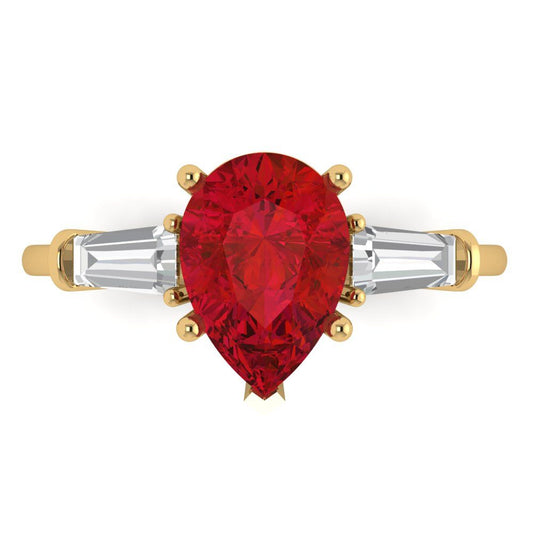 2.5 cttw Simulated Ruby Three-Stone Engagement Ring - Solid Yellow Gold (VVS1, Pear Cut,10x7mm)