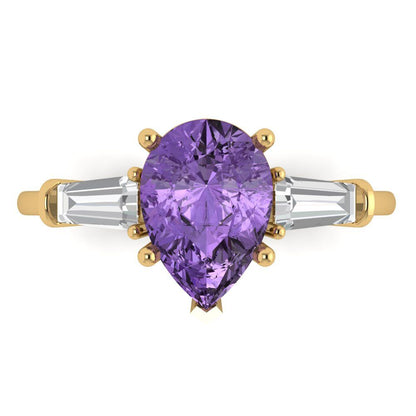 2.5 cttw Simulated Alexandrite Three-Stone Engagement Ring - Solid Gold (Pear Cut,10x7mm)