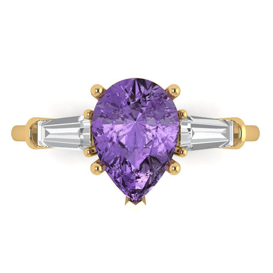 2.5 cttw Simulated Alexandrite Three-Stone Engagement Ring - Solid Yellow Gold (VVS1, Pear Cut,10x7mm)
