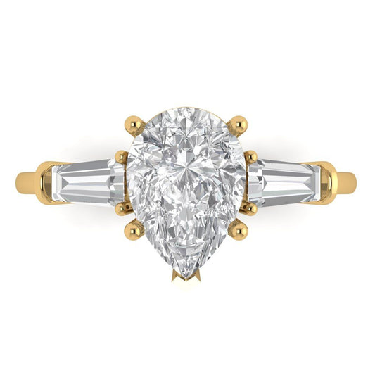 2.5 cttw White Sapphire Three-Stone Engagement Ring - Solid Yellow Gold (VVS1, Pear Cut,10x7mm)