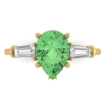 2.5 cttw Zirconia Simulated Green Diamond Three-Stone Engagement Ring - Solid Gold (VVS1, Pear Cut,10x7mm)