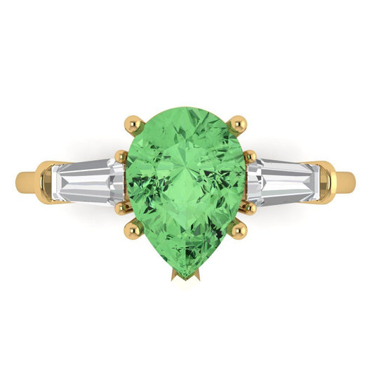 2.5 cttw Zirconia Simulated Green Diamond Three-Stone Engagement Ring - Solid Yellow Gold (VVS1, Pear Cut,10x7mm)