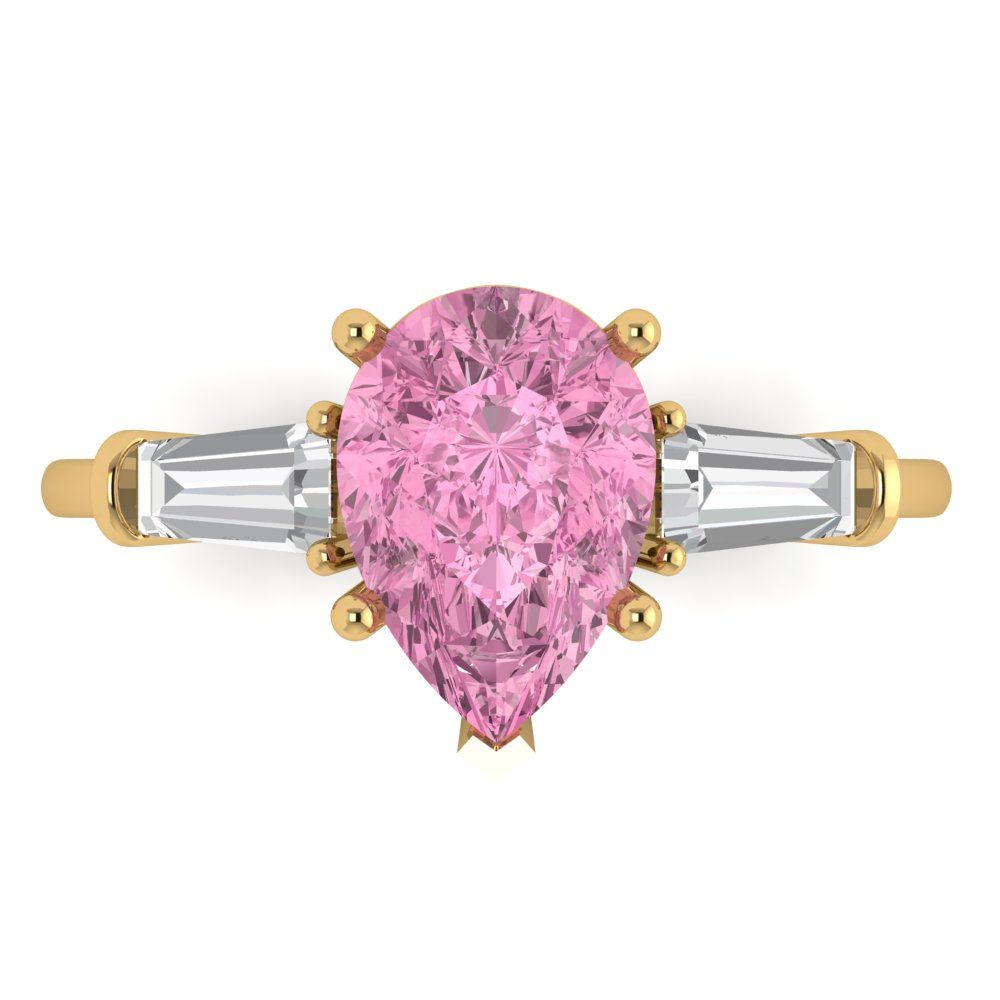 2.5 cttw Zirconia Simulated Pink Diamond Three-Stone Engagement Ring - Solid Gold (VVS1, Pear Cut,10x7mm)