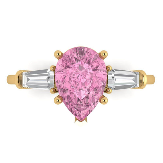 2.5 cttw Zirconia Simulated Pink Diamond Three-Stone Engagement Ring - Solid Yellow Gold (VVS1, Pear Cut,10x7mm)