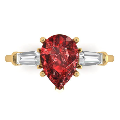 2.5 cttw Natural Garnet Three-Stone Engagement Ring - Solid Yellow Gold (VVS1, Pear Cut,10x7mm)