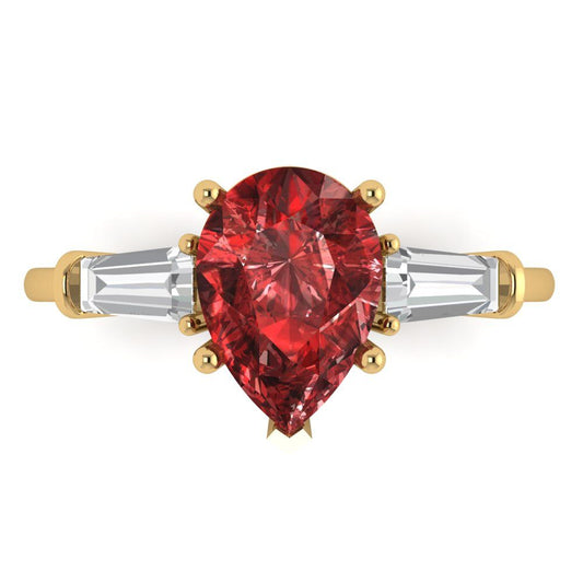 2.5 cttw Natural Garnet Three-Stone Engagement Ring - Solid Yellow Gold (VVS1, Pear Cut,10x7mm)