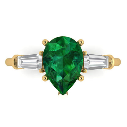 2.5 cttw Simulated Emerald Three-Stone Engagement Ring - Solid Gold (Pear Cut,10x7mm)