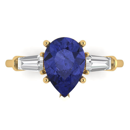 2.5 cttw Simulated Tanzanite Three-Stone Engagement Ring - Solid Yellow Gold (VVS1, Pear Cut,10x7mm)