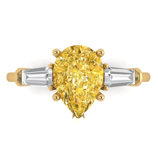 2.5 cttw Natural Citrine Three-Stone Engagement Ring - Solid Yellow Gold (VVS1, Pear Cut,10x7mm)