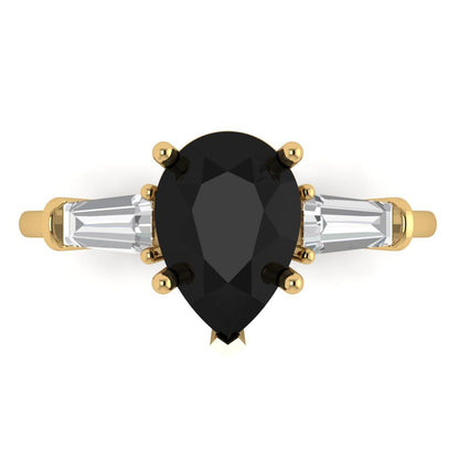 2.5 cttw Natural Onyx Three-Stone Engagement Ring - Solid Gold (Pear Cut,10x7mm)