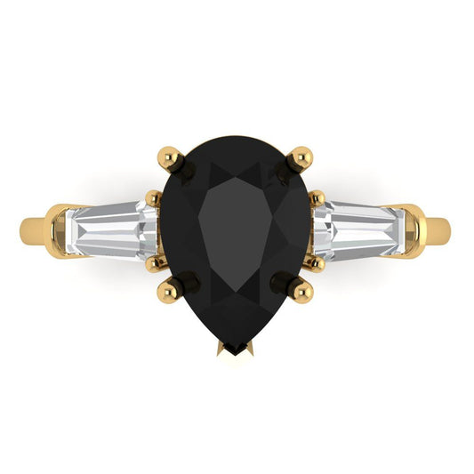 2.5 cttw Natural Onyx Three-Stone Engagement Ring - Solid Yellow Gold (VVS1, Pear Cut,10x7mm)