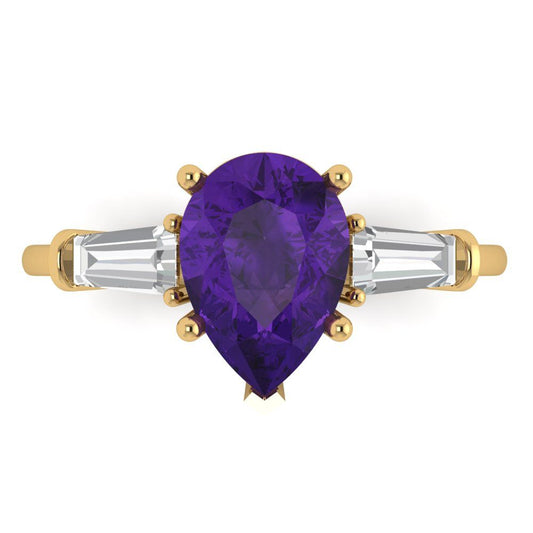 2.5 cttw Natural Amethyst Three-Stone Engagement Ring - Solid Yellow Gold (VVS1, Pear Cut,10x7mm)