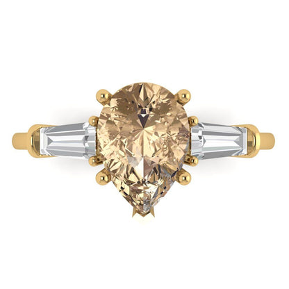 2.5 cttw Yellow Moissanite Three-Stone Engagement Ring - Solid Gold (Pear Cut,10x7mm)