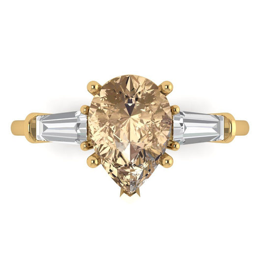 2.5 cttw Yellow Moissanite Three-Stone Engagement Ring - Solid Yellow Gold (VVS1, Pear Cut,10x7mm)