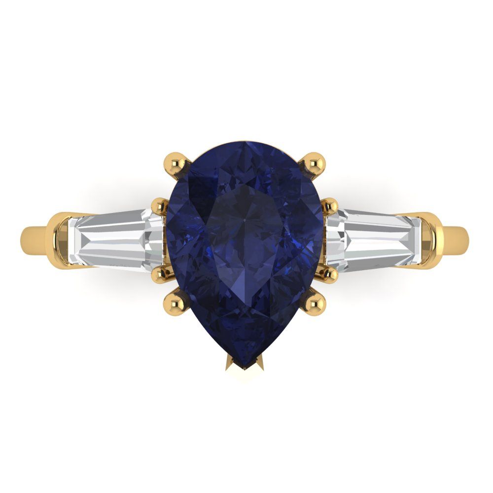 2.5 cttw Simulated Blue Sapphire Three-Stone Engagement Ring - Solid Gold (Pear Cut,10x7mm)