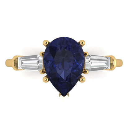 2.5 cttw Simulated Blue Sapphire Three-Stone Engagement Ring - Solid Gold (Pear Cut,10x7mm)