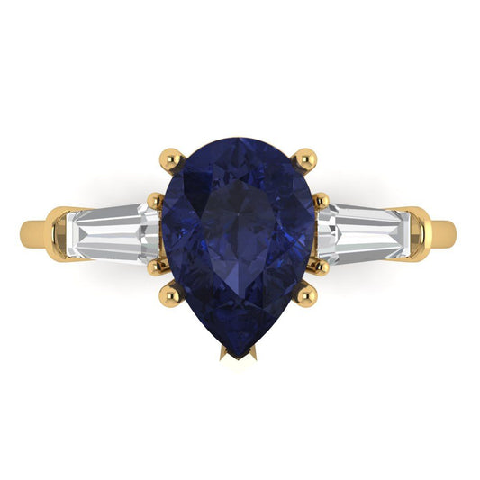 2.5 cttw Simulated Blue Sapphire Three-Stone Engagement Ring - Solid Yellow Gold (VVS1, Pear Cut,10x7mm)