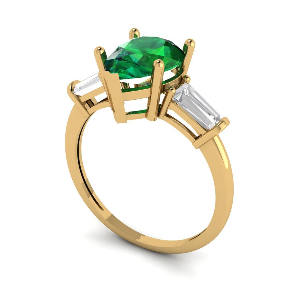 2.5 cttw Simulated Emerald Three-Stone Engagement Ring - Solid Gold (Pear Cut,10x7mm)