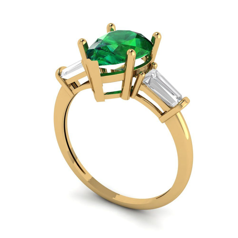 2.3 ct Brilliant Pear Cut Simulated Emerald Stone Yellow Gold Three-Stone Ring