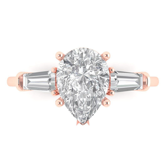 2.5 cttw Zirconia Simulated Diamond Three-Stone Engagement Ring - Solid Rose Gold (VVS1, Pear Cut,10x7mm)