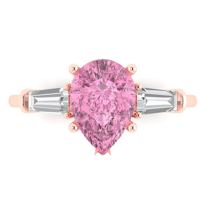 2.5 cttw Zirconia Simulated Pink Diamond Three-Stone Engagement Ring - Solid Gold (VVS1, Pear Cut,10x7mm)