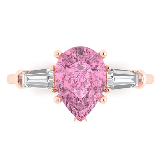 2.5 cttw Zirconia Simulated Pink Diamond Three-Stone Engagement Ring - Solid Rose Gold (VVS1, Pear Cut,10x7mm)