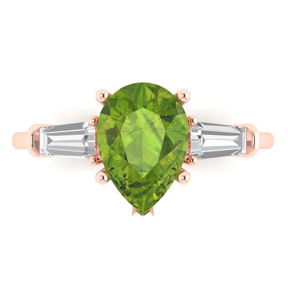 2.5 cttw Natural Peridot Three-Stone Engagement Ring - Solid Gold (Pear Cut,10x7mm)