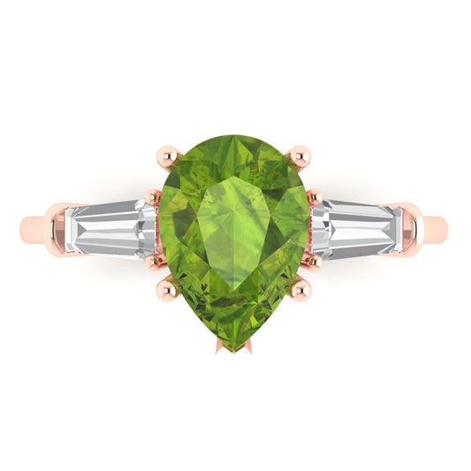 2.5 cttw Natural Peridot Three-Stone Engagement Ring - Solid Rose Gold (VVS1, Pear Cut,10x7mm)