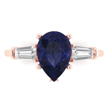2.5 cttw Simulated Blue Sapphire Three-Stone Engagement Ring - Solid Gold (Pear Cut,10x7mm)