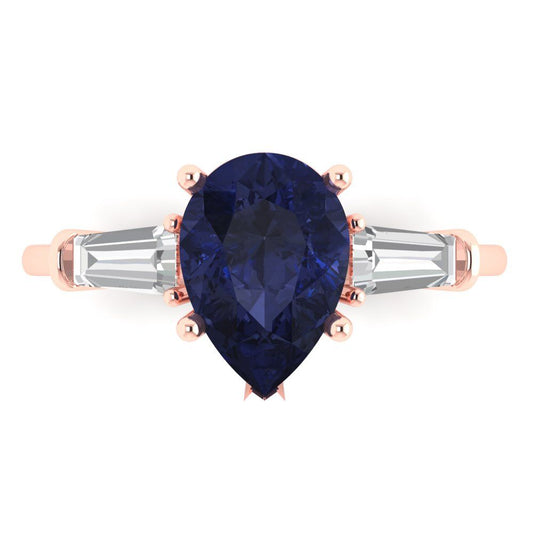 2.5 cttw Simulated Blue Sapphire Three-Stone Engagement Ring - Solid Rose Gold (VVS1, Pear Cut,10x7mm)
