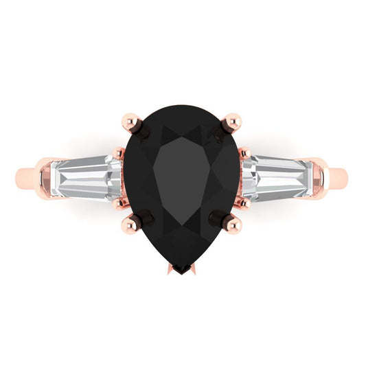 2.5 cttw Natural Onyx Three-Stone Engagement Ring - Solid Rose Gold (VVS1, Pear Cut,10x7mm)