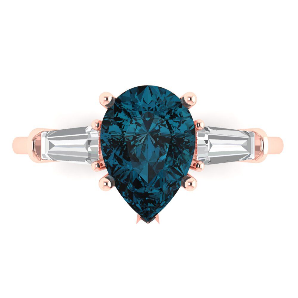 2.5 cttw Natural London Blue Topaz Three-Stone Engagement Ring - Solid Gold (Pear Cut,10x7mm)