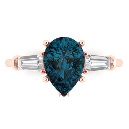 2.5 cttw Natural London Blue Topaz Three-Stone Engagement Ring - Solid Gold (Pear Cut,10x7mm)